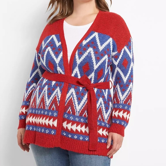 Lane Bryant plus size sweater Red Blue Cardigan Geometric Aztec open front 26/28 - Picture 1 of 6